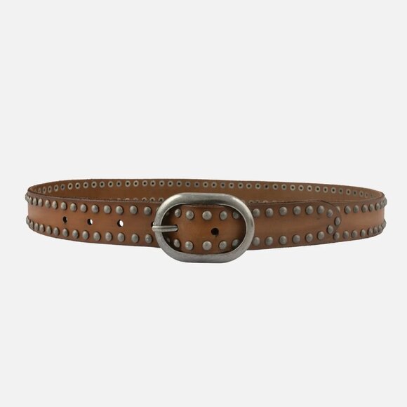 CAMEL TONE LEATHER BELT WITH ANTIQUE PEWTER TONE STUDS AND BUCKLE main image 5